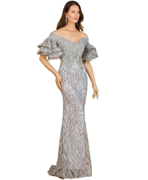 Women's Off Shoulder Mermaid Beaded Gown with Tiered Sleeves