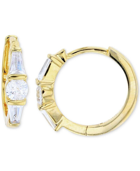 Cubic Zirconia Round & Baguette Small Hoop Earrings in 14k Gold-Plated Sterling Silver, 0.57"