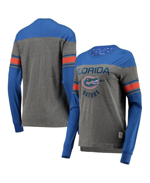 Women's Royal, Heathered Gray Florida Gators Lizzy Flocking Striped Long Sleeve T-shirt