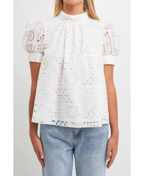 Women's Broderie Anglaise Puff Sleeve Top
