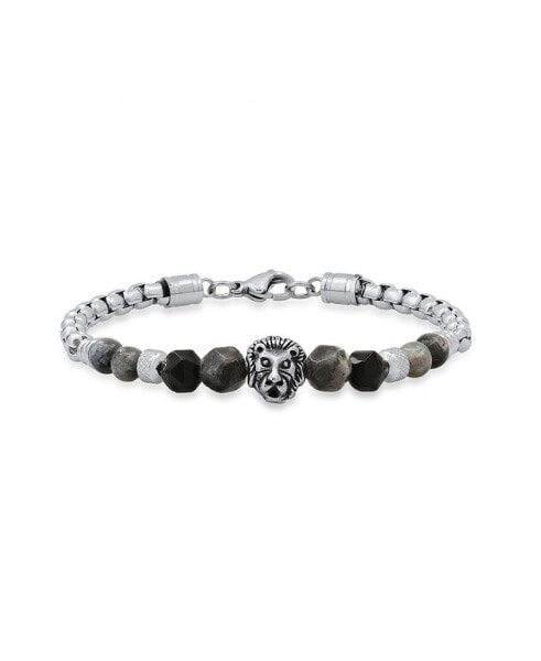 Men's Stainless Steel Curb Chain Link Bracelet and Black or Gray Agate Stones with Lion Charm
