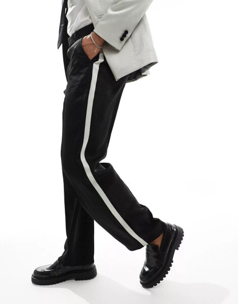 ASOS DESIGN wide tuxedo suit trouser in black and silver