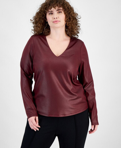 Plus Size Coated Long-Sleeve V-Neck Top, Created for Macy's