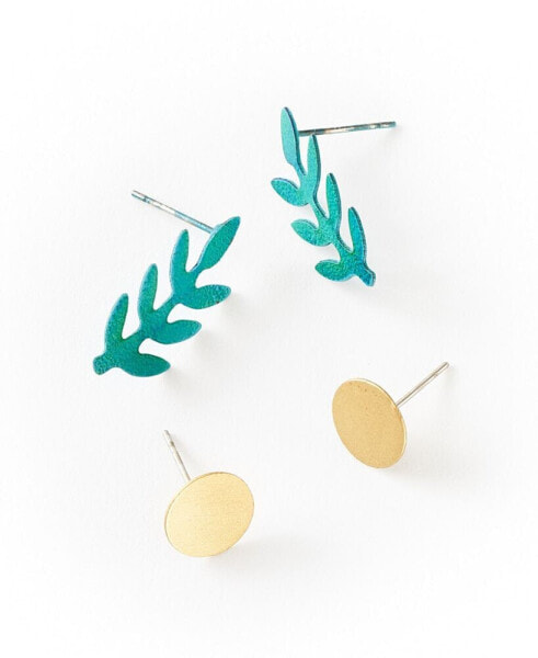 Chameli Stud Earrings, Set of 2 - Gold Dot, Teal Fern Leaf