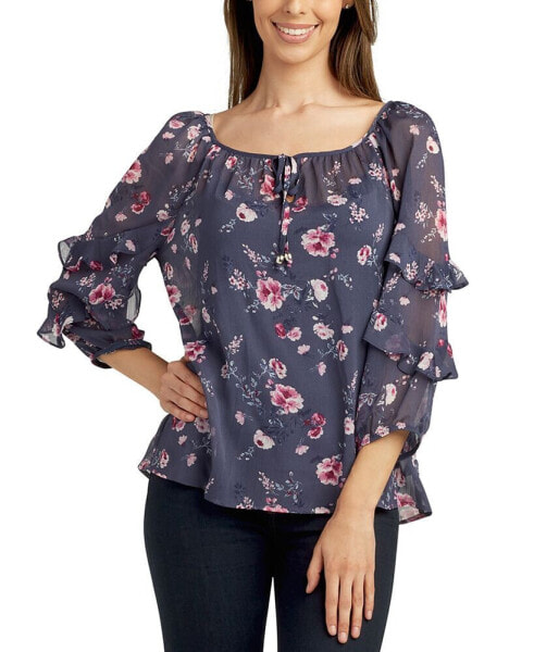 Juniors' Keyhole-Neck Printed 3/4-Ruffle-Sleeve Top