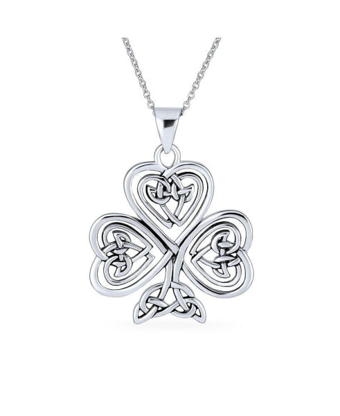 Saint Patrick's Large Lucky Irish Shamrock Celtic Spiral Heart Clover Pendant Necklace For Women For Teen Oxidized .925 Sterling Silver