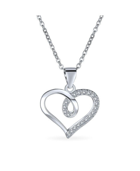 Delicate Pave Cubic Zirconia Accent CZ Bridal Twisted Ribbon Infinity Love Knot Open Heart Shape Pendant Necklace For Women Girlfriend Sterling Silver