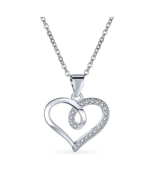 Delicate Pave Cubic Zirconia Accent CZ Twisted Ribbon Infinity Love Knot Open Heart Shape Pendant Necklace For Women Sterling Silver