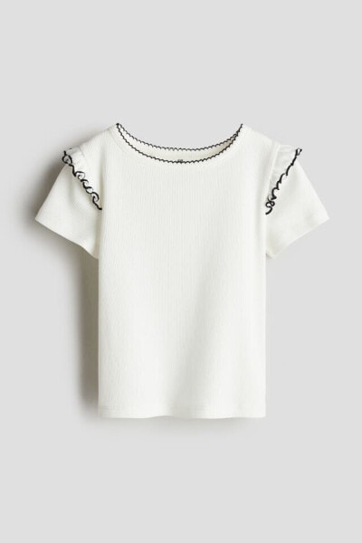 Ruffle-trimmed Ribbed T-shirt