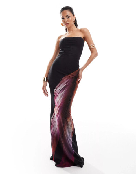 Murci bandeau oversized phoenix print maxi dress in black