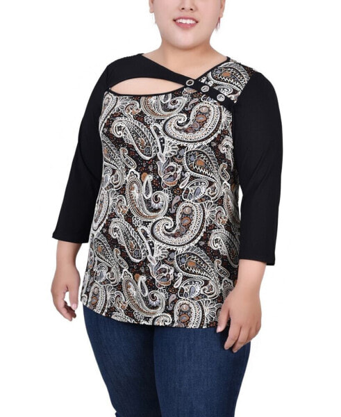 Plus Size 3/4 Sleeve Puff Print Cutout Top