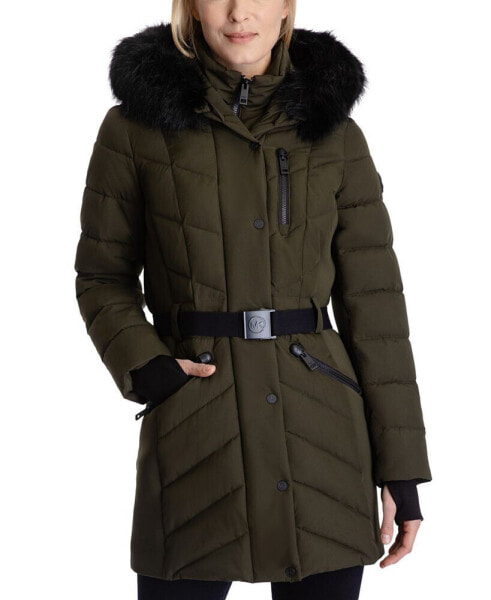 Women's Belted Faux-Fur-Trim Hooded Puffer Coat