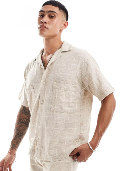 Jack & Jones Premium co-ord revere collar linen mix shirt in beige check