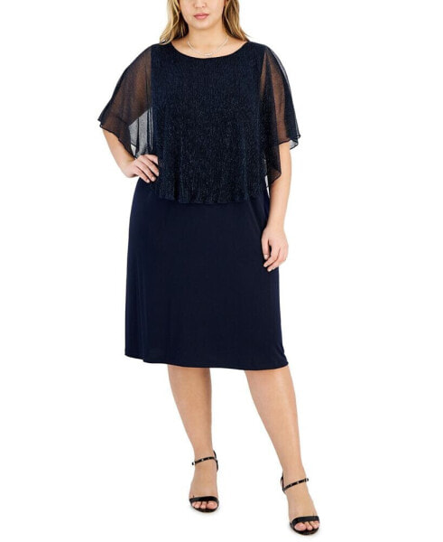 Plus Size Round-Neck Mesh Cape Overlay Dress