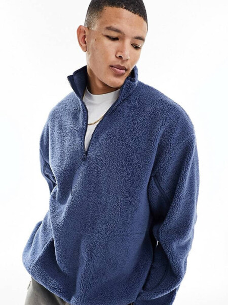 ASOS DESIGN oversized borg half zip sweatshirt in denim blue