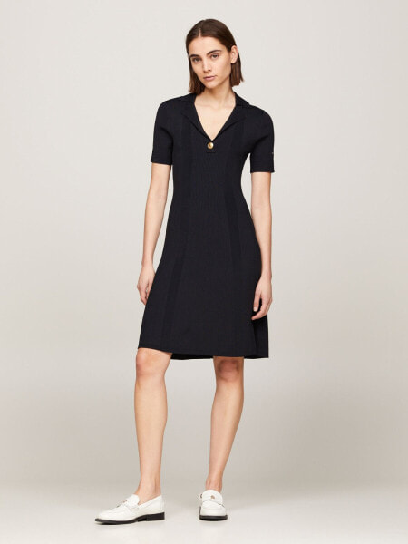Fit And Flare Ribbed Polo Sweater Dress