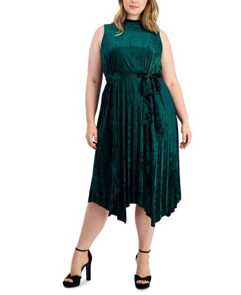 ASL Plus Size Pleated-Skirt Crushed Velvet Midi Dress