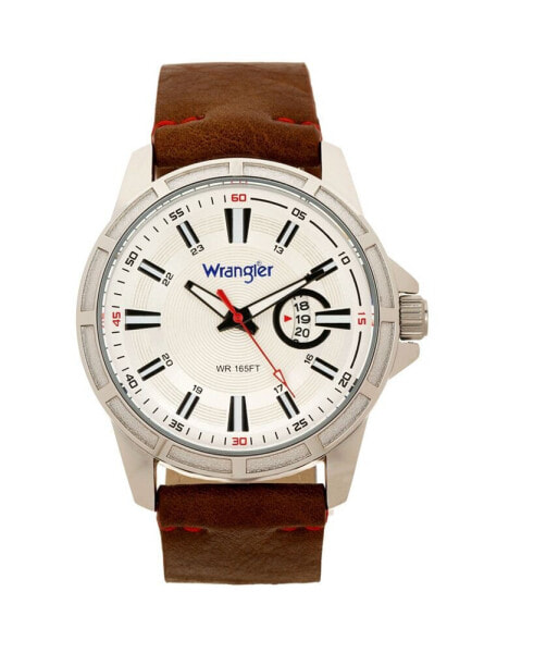 Men's Watch, 46MM Silver Colored Case with Cutout Bezel, Silver Milled Dial with White Index Markers, Analog. Red Second Hand and Cutout Crescent Date Function, Brown Strap with Red Accent