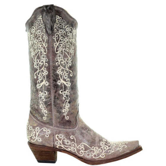 Corral Boots Floral TooledInlay Snip Toe Cowboy Womens Brown Casual Boots A1094