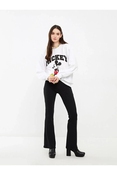 Bisiklet Yaka Mickey Mouse Baskılı Uzun Kollu Kadın Sweatshirt