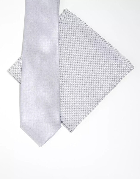 ASOS DESIGN tie and pocket square in silver