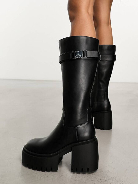 Public Desire Alaska chunky buckle knee boots in black