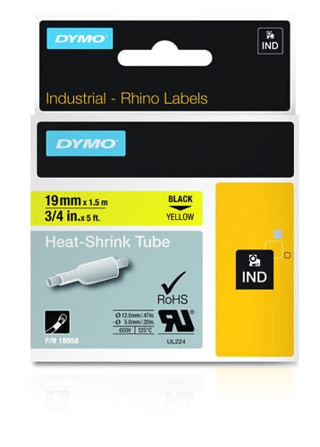 Dymo IND Heat-Shrink Tube Labels - 19mm x 1,5m - Black on yellow - Multicolour - -55 - 135 °C - UL 224 - MIL-STD-202G - MIL-81531 - SAE-DTL 23053/5 (1 - 3) - DYMO - Rhino