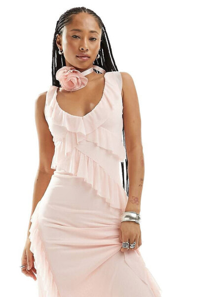 Glamorous frill detail v neck midi dress in soft pink