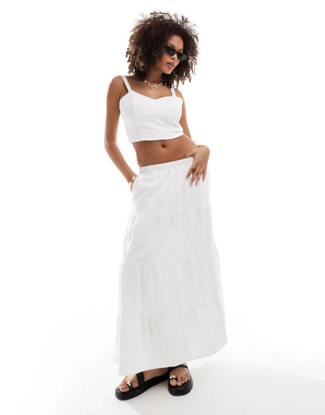 Hollister co-ord tiered linen maxi skirt in white