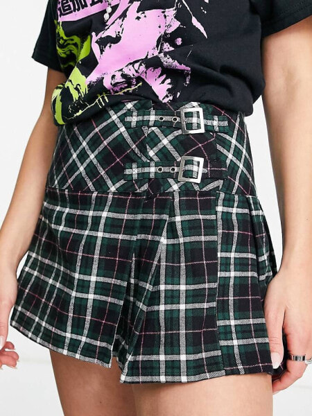 ASOS DESIGN kilt mini skirt with buckle details in green check 