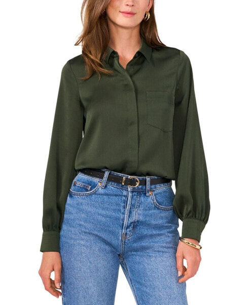 Women's Long-Sleeve Satin Button-Front Top