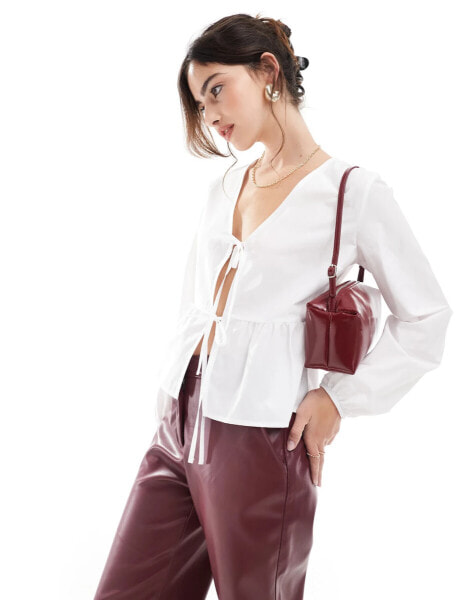 Pull&Bear tie up front poplin blouse in white