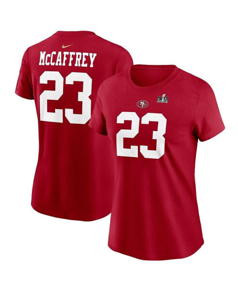 Футболка Nike женская с эмблемой Super Bowl LVIII San Francisco 49ers игрока Christian McCaffrey.