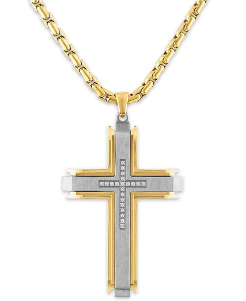 Men's 1/10 Carat Diamond Cross Pendant 22" Chain in Stainless Steel and Gold Tone Ion Plating
