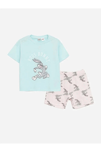 LCW Kids Bisiklet Yaka Bugs Bunny Baskılı Kısa Kollu Kız Çocuk Şortlu Pijama Takımı