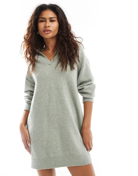 Weekday Tahlia polo collar knitted mini dress in sage green melange exclusive to ASOS