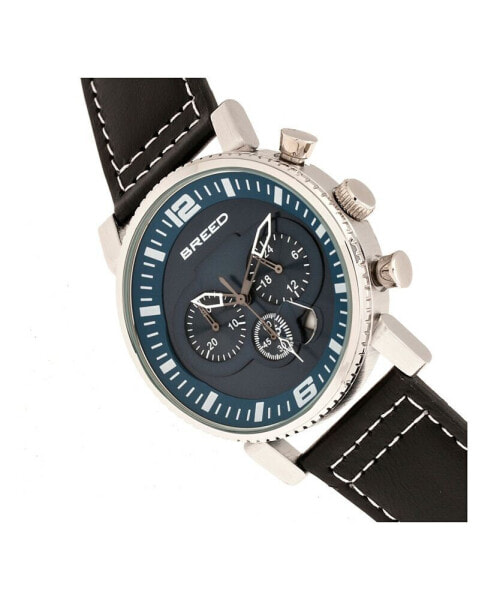 Quartz Ryker Blue Face Chronograph Genuine Black Leather Watch 45mm