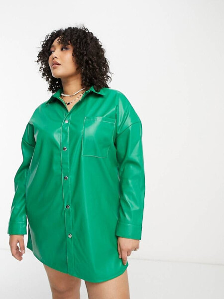 Native Youth Plus PU mini shirt dress in green with contrast stitch