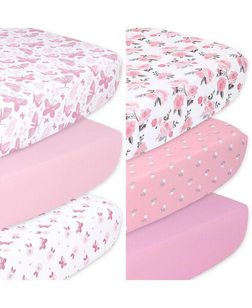 Pink Butterfly, Rose and Floral Fitted Crib Sheets for Girls, 6-Pack Set, Pink