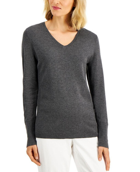 Petite Rivet-Detail V-Neck Sweater, Created for Macy's