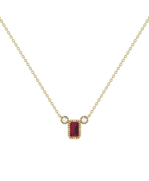 Emerald Cut Ruby Gemstone, Natural Diamond 14K Yellow Gold Birthstone Necklace