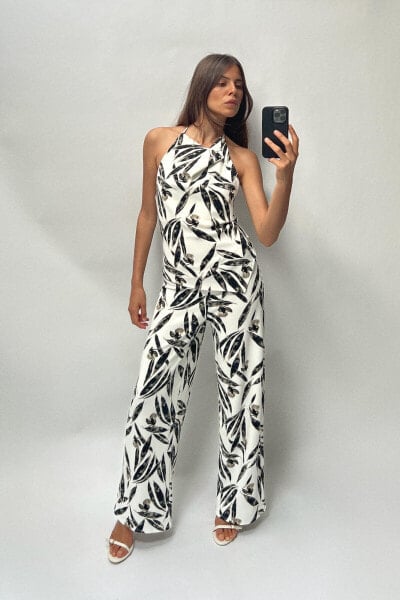 PRINTED PIQUÉ WIDE-LEG TROUSERS