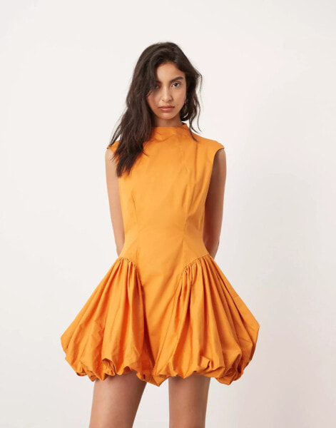 ASOS EDITION high neck drop waist puffball mini dress in mango orange