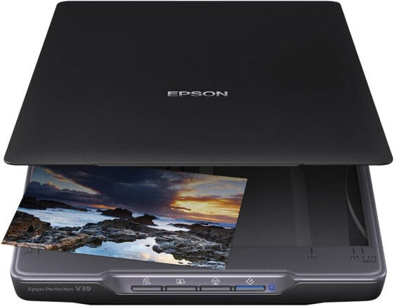 Epson Flachbettscanner Perfection V39, kompakter A4 Scanner mit integriertem Ständer für vertikales Scannen, Tischscanner für Fotos und Dokumente, mit Bildbearbeitung, schwarz/silber