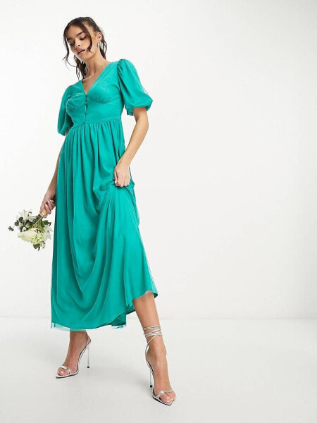 Vila Bridesmaid A line tulle midaxi dress with button front in emerald green