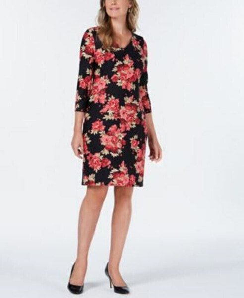 Charter Club Women's V Neck Floral A Line Dress Black Pink L