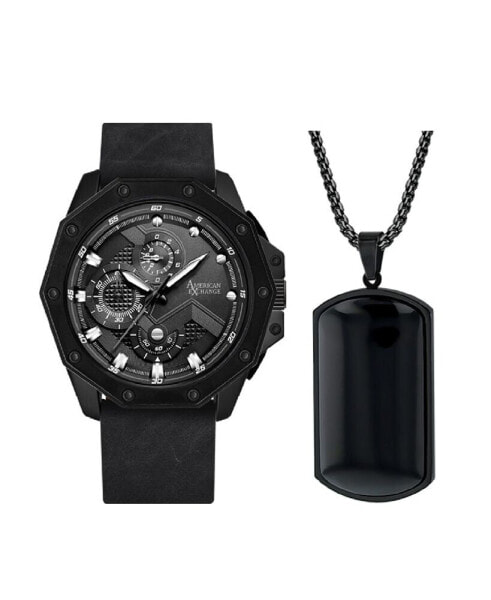Часы и аксессуары American Exchange мужские аналоговые, трехстрелочные наручные кварцевые часы с матовым черным ремешком 48 мм в подарочном наборе