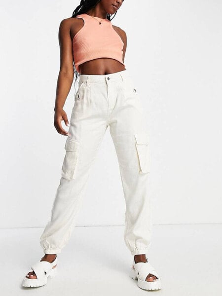 Miss Selfridge baggy cargo pant with elasticated hem in stone