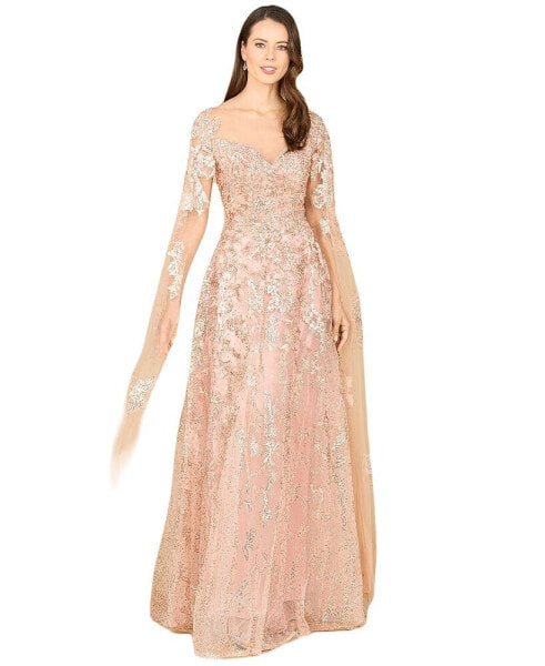 Women's Long Bell Sleeve Boat-Neck Beaded Gown