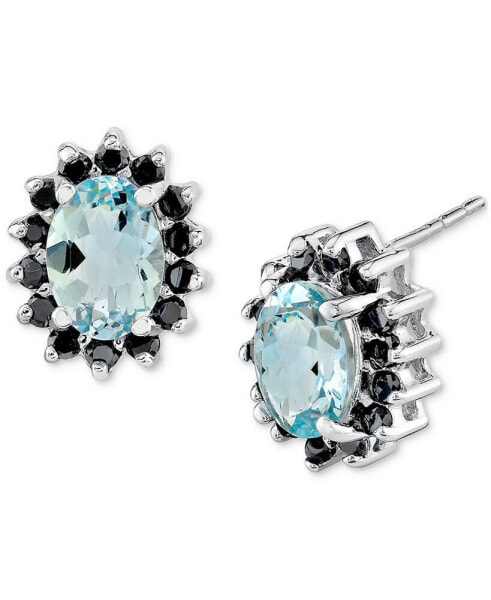 Aquamarine (1-1/2 ct. t.w.) & Black Diamond (3/8 ct. t.w.) Oval Halo Stud Earrings in 14k White Gold